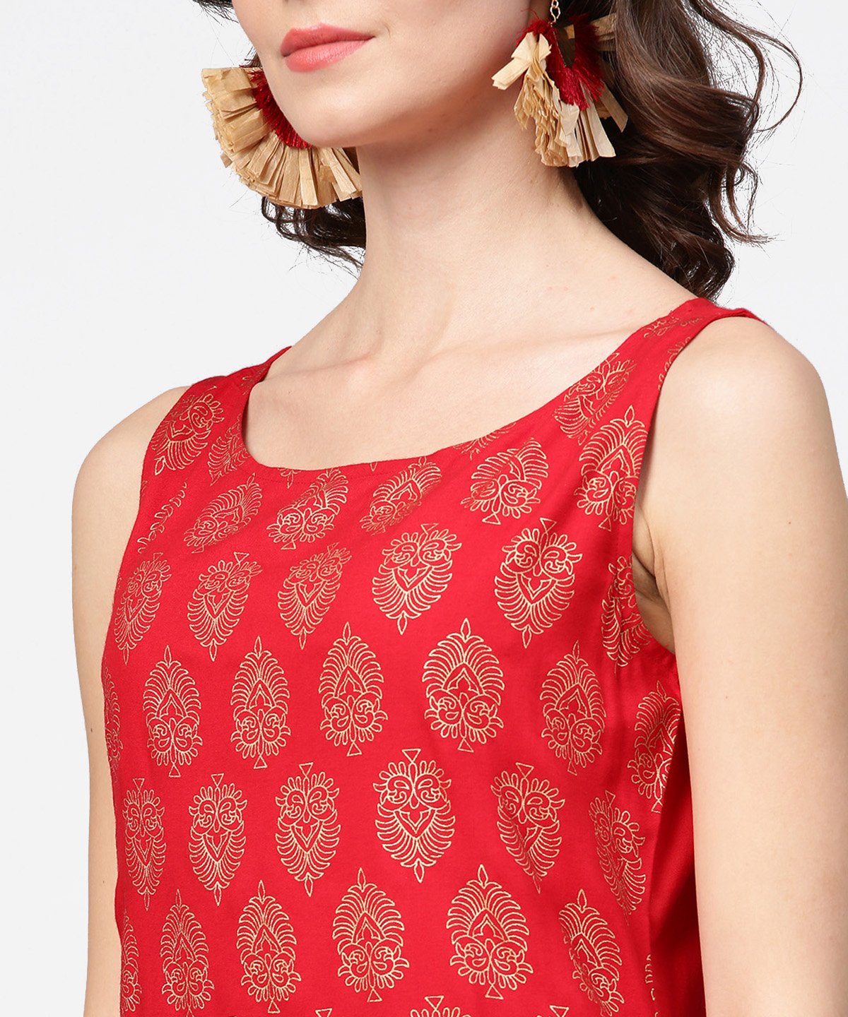 Red Printed Sleeveless Cotton Low High Tunic | LASVINI - Redefining Indian Fashion with Elegance