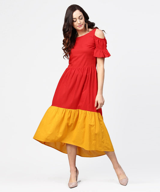 Red & Yellow Short Cold Shoulder Cotton Maxi Dress | LASVINI - Redefining Indian Fashion with Elegance