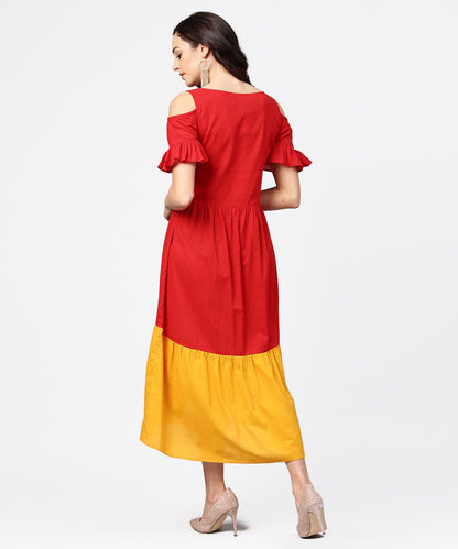 Red & Yellow Short Cold Shoulder Cotton Maxi Dress | LASVINI - Redefining Indian Fashion with Elegance