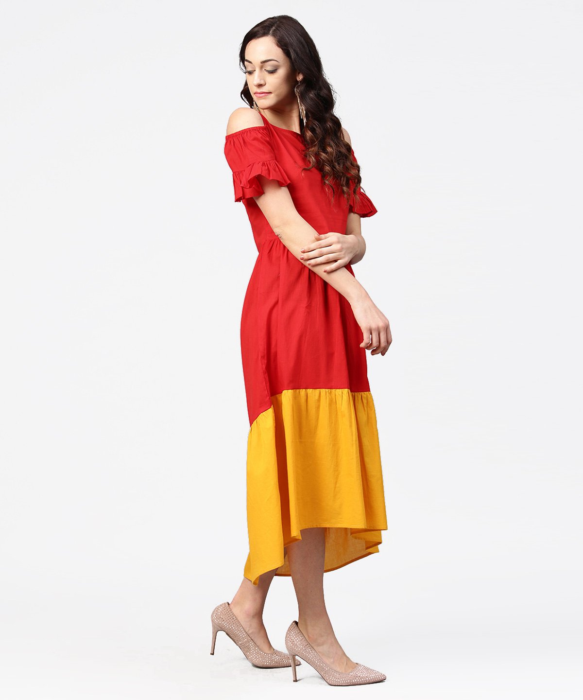 Red & Yellow Short Cold Shoulder Cotton Maxi Dress | LASVINI - Redefining Indian Fashion with Elegance