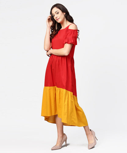Red & Yellow Short Cold Shoulder Cotton Maxi Dress | LASVINI - Redefining Indian Fashion with Elegance
