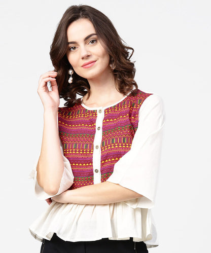 White & Red Printed 3/4Th Sleeve Cotton Crop Top | LASVINI - Redefining Indian Fashion with Elegance