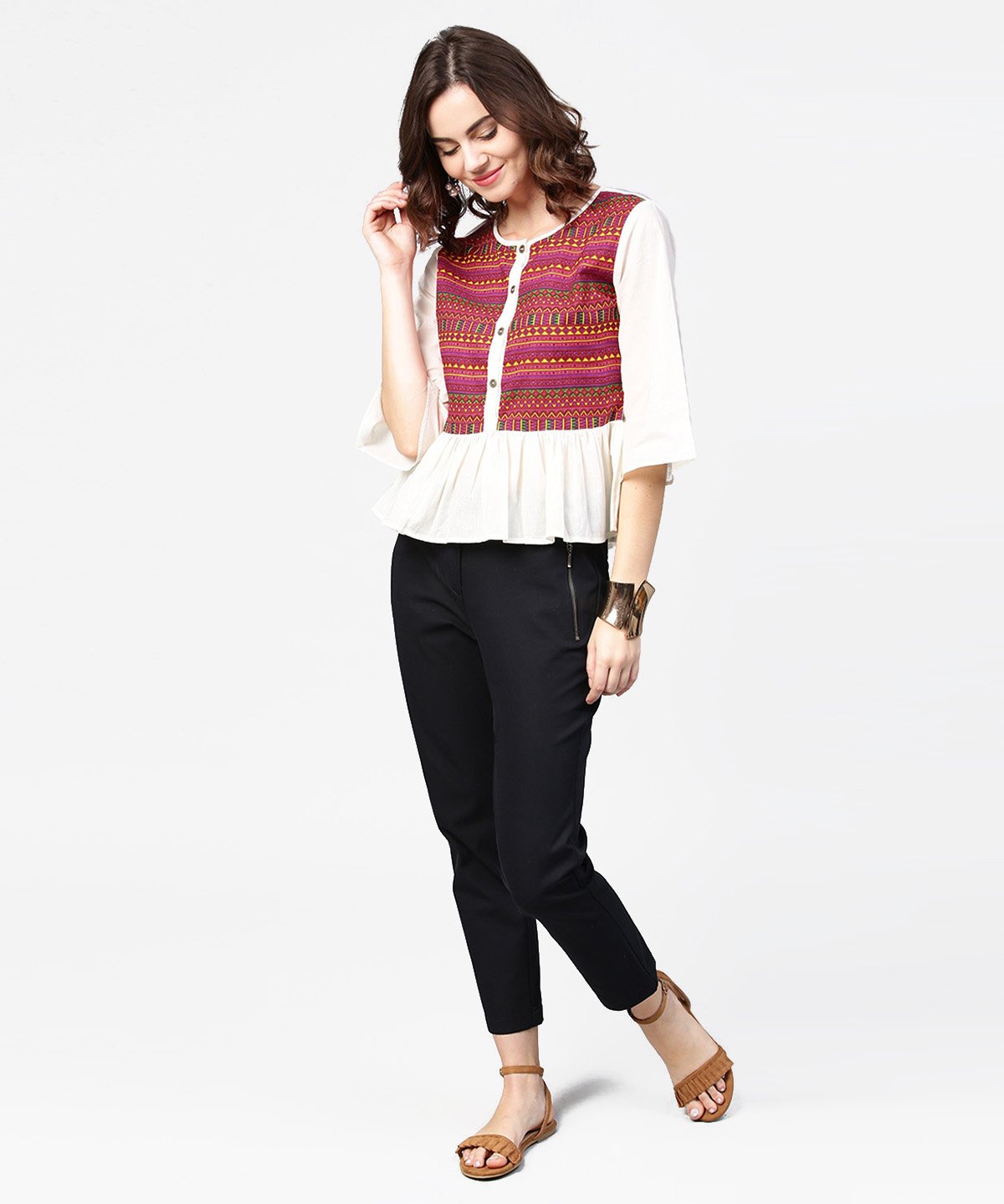 White & Red Printed 3/4Th Sleeve Cotton Crop Top | LASVINI - Redefining Indian Fashion with Elegance