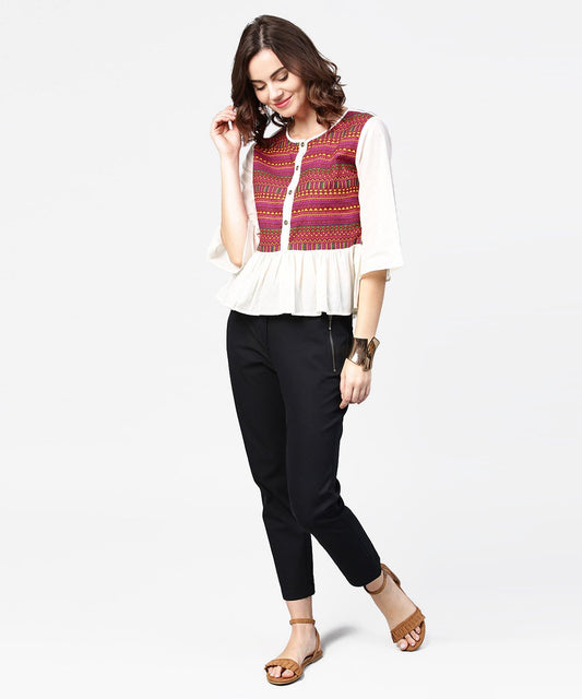 White & Red Printed 3/4Th Sleeve Cotton Crop Top | LASVINI - Redefining Indian Fashion with Elegance