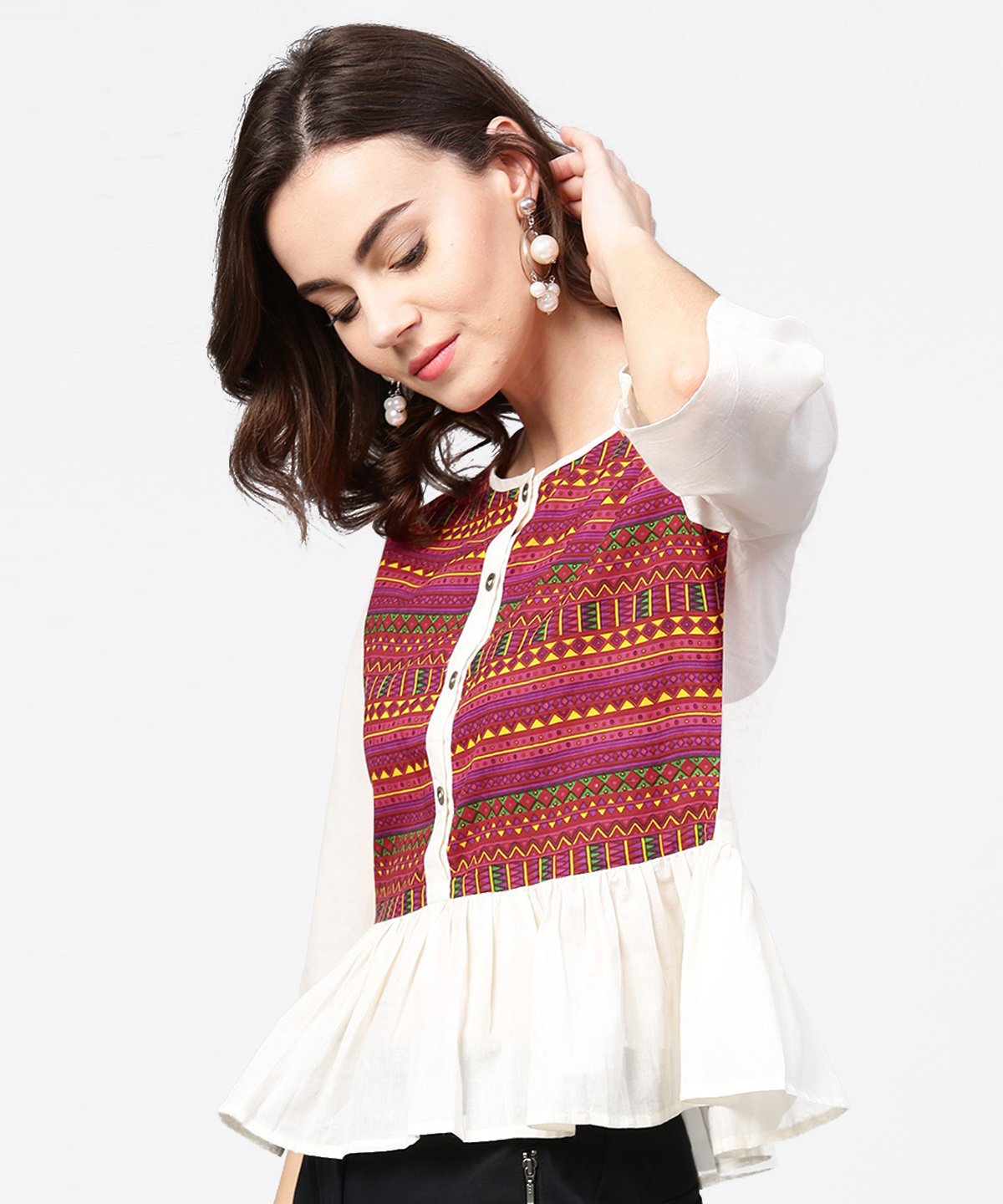 White & Red Printed 3/4Th Sleeve Cotton Crop Top | LASVINI - Redefining Indian Fashion with Elegance