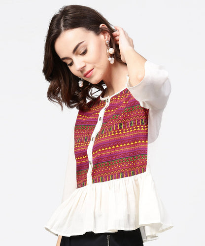 White & Red Printed 3/4Th Sleeve Cotton Crop Top | LASVINI - Redefining Indian Fashion with Elegance