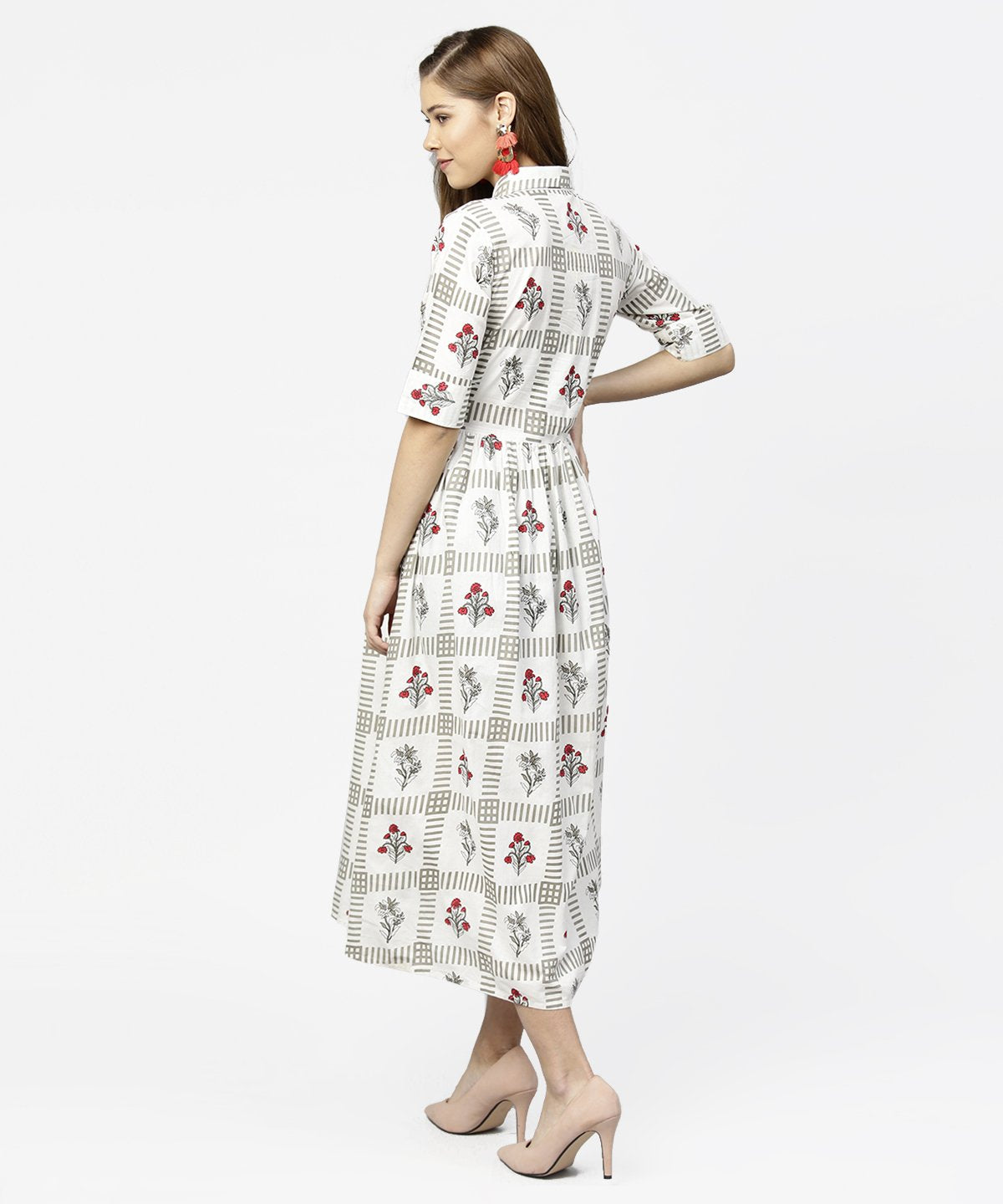 Off White Printed Half Sleeve Cotton Maxi Dress With Belt | LASVINI - Redefining Indian Fashion with Elegance