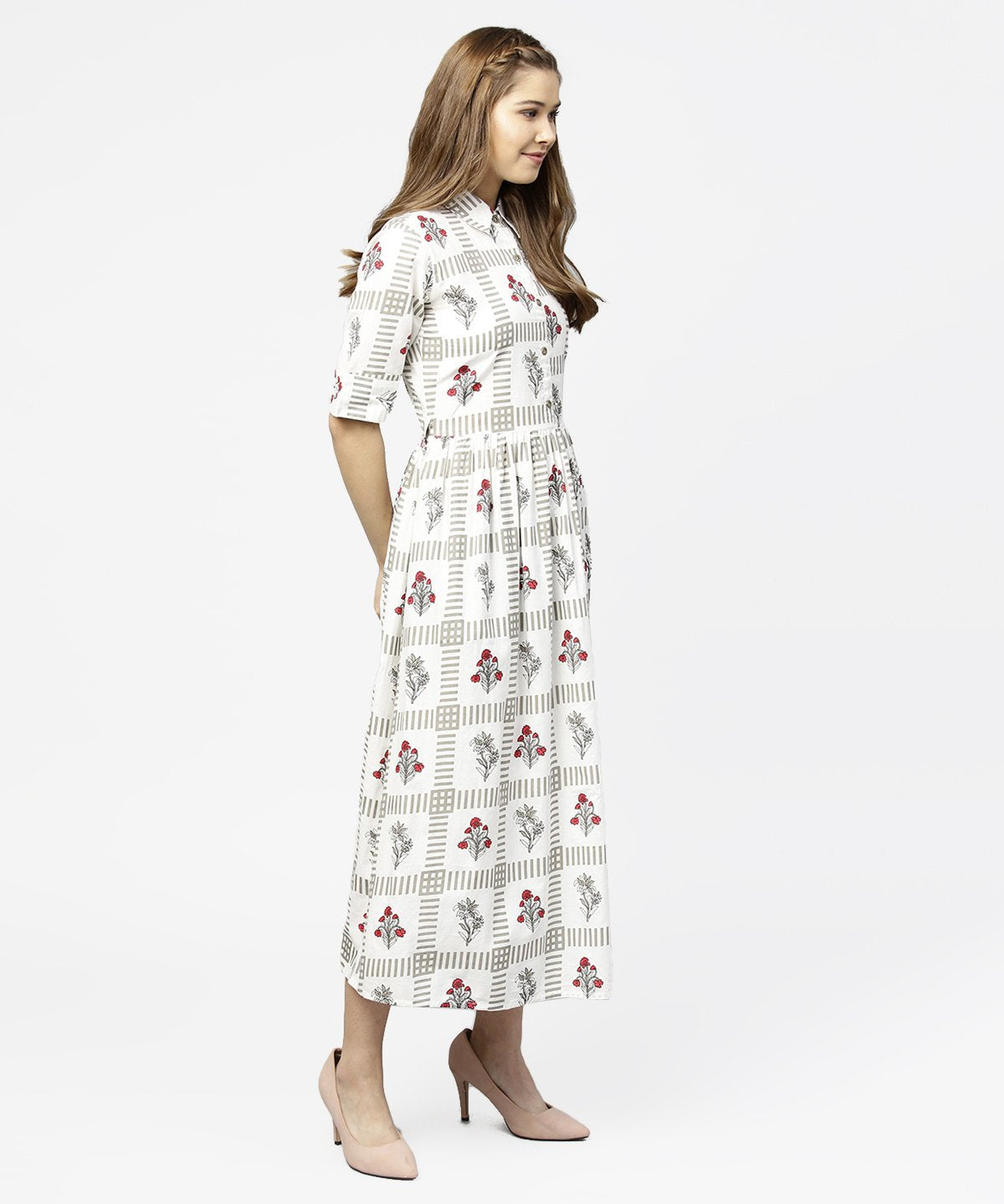 Off White Printed Half Sleeve Cotton Maxi Dress With Belt | LASVINI - Redefining Indian Fashion with Elegance
