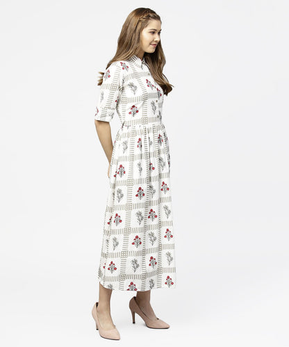 Off White Printed Half Sleeve Cotton Maxi Dress With Belt | LASVINI - Redefining Indian Fashion with Elegance