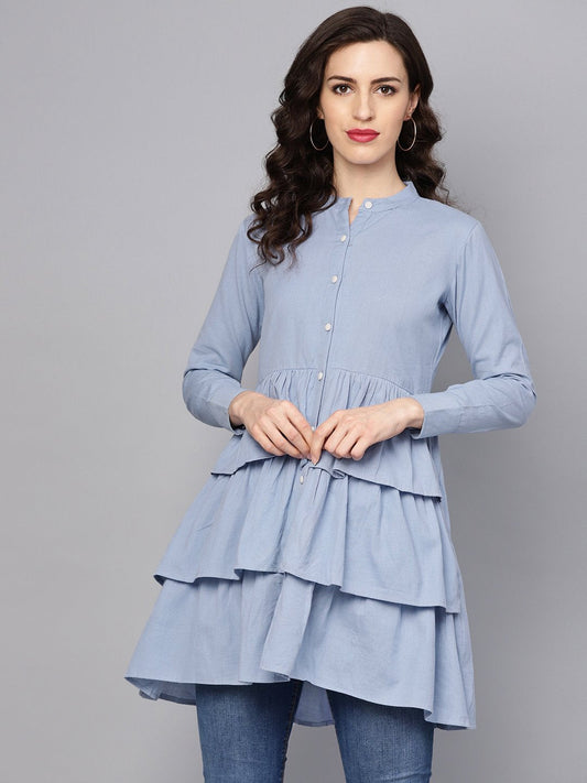 Solid Ice Blue Tired Tunic With Madarin Collar & 3/4 Sleeves | LASVINI - Redefining Indian Fashion with Elegance