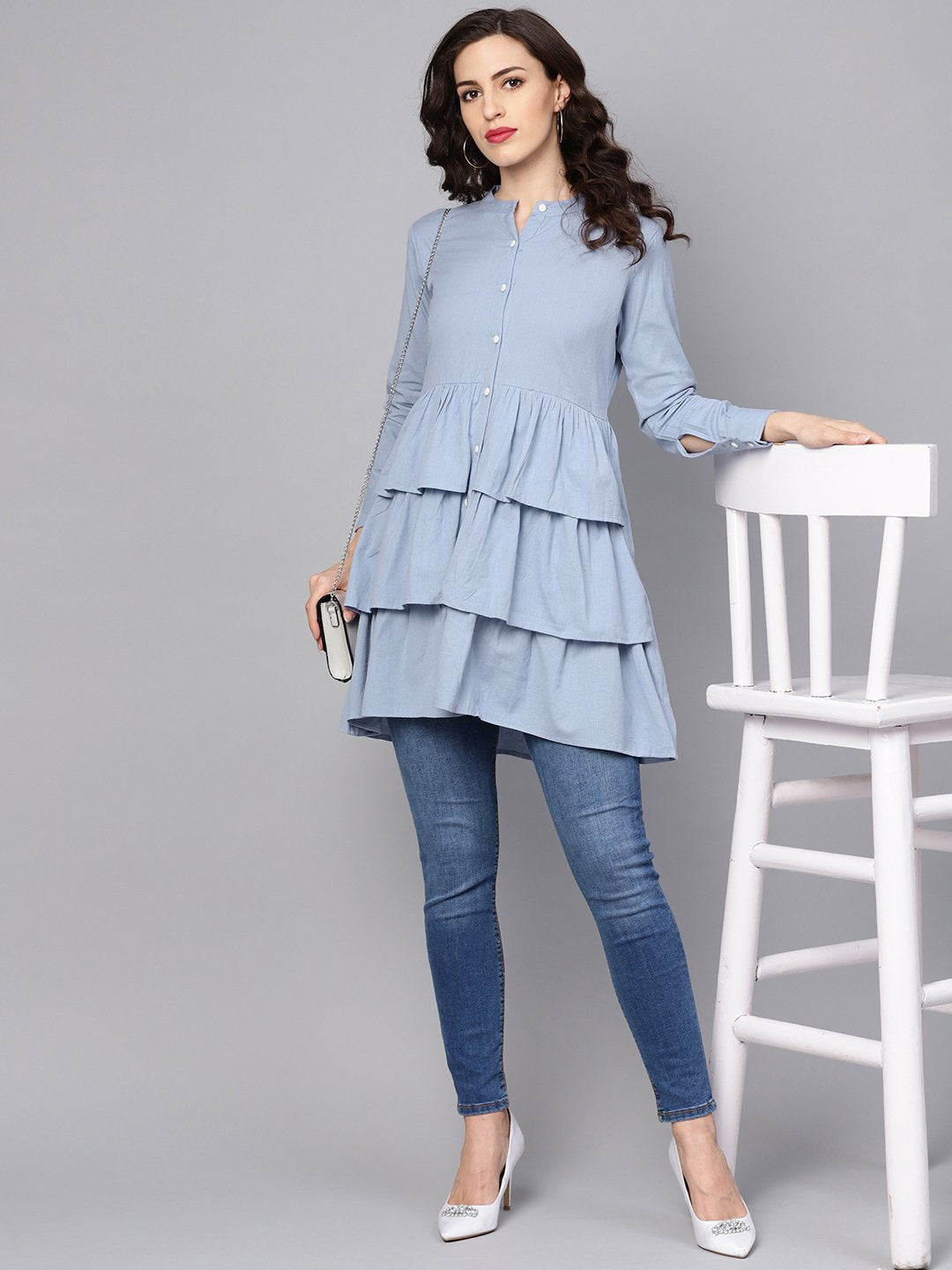 Solid Ice Blue Tired Tunic With Madarin Collar & 3/4 Sleeves | LASVINI - Redefining Indian Fashion with Elegance