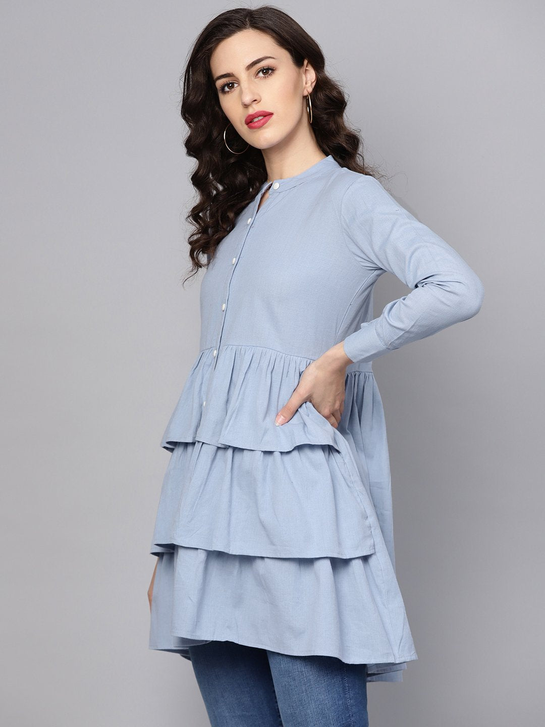 Solid Ice Blue Tired Tunic With Madarin Collar & 3/4 Sleeves | LASVINI - Redefining Indian Fashion with Elegance