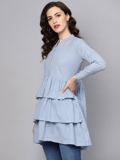 Solid Ice Blue Tired Tunic With Madarin Collar & 3/4 Sleeves | LASVINI - Redefining Indian Fashion with Elegance