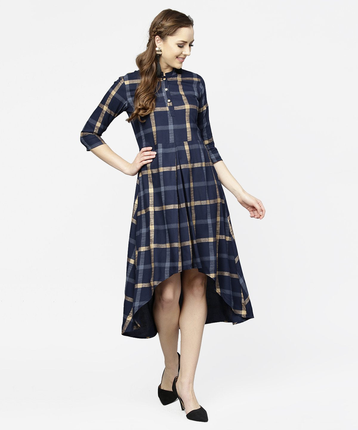 Blue Checked 3/4Th Sleeve Cotton Front Slit Dress | LASVINI - Redefining Indian Fashion with Elegance