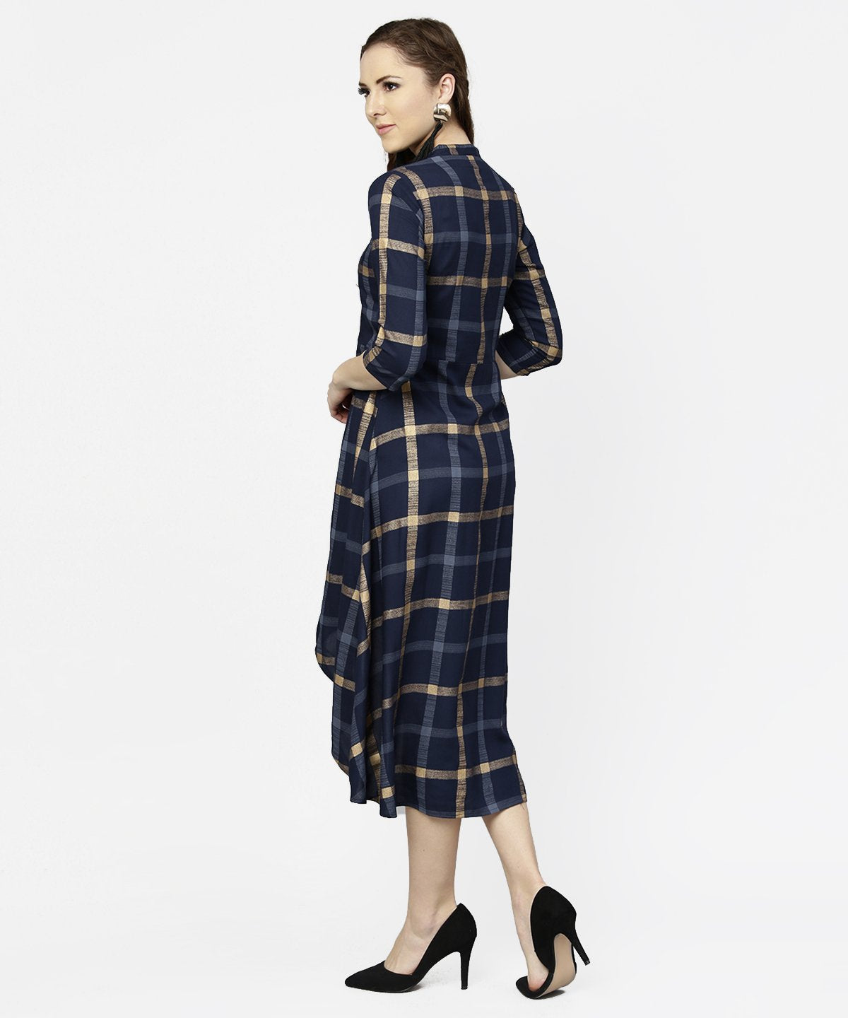 Blue Checked 3/4Th Sleeve Cotton Front Slit Dress | LASVINI - Redefining Indian Fashion with Elegance
