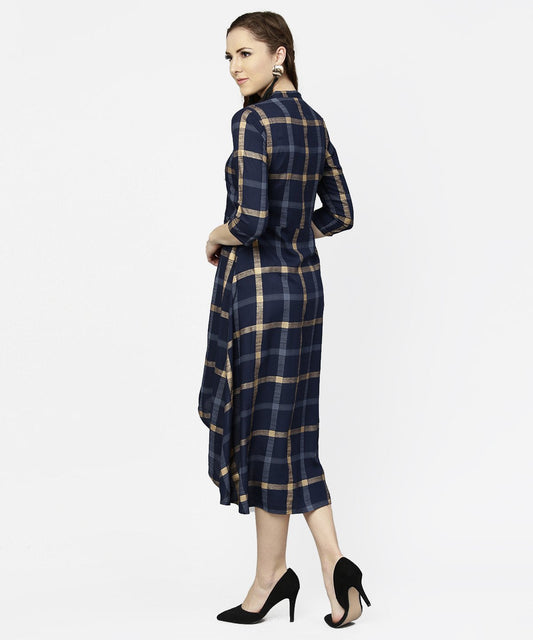 Blue Checked 3/4Th Sleeve Cotton Front Slit Dress | LASVINI - Redefining Indian Fashion with Elegance