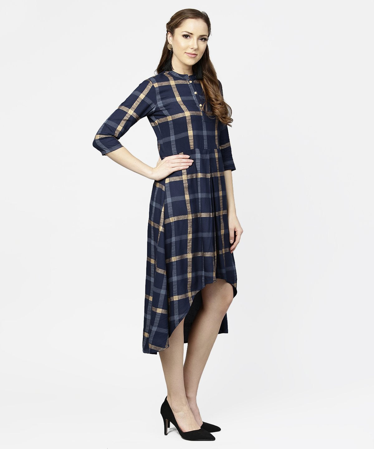 Blue Checked 3/4Th Sleeve Cotton Front Slit Dress | LASVINI - Redefining Indian Fashion with Elegance