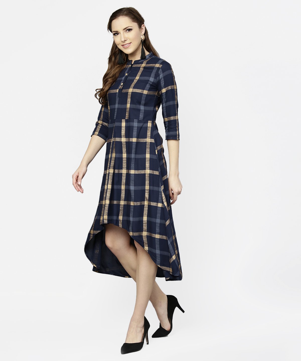 Blue Checked 3/4Th Sleeve Cotton Front Slit Dress | LASVINI - Redefining Indian Fashion with Elegance