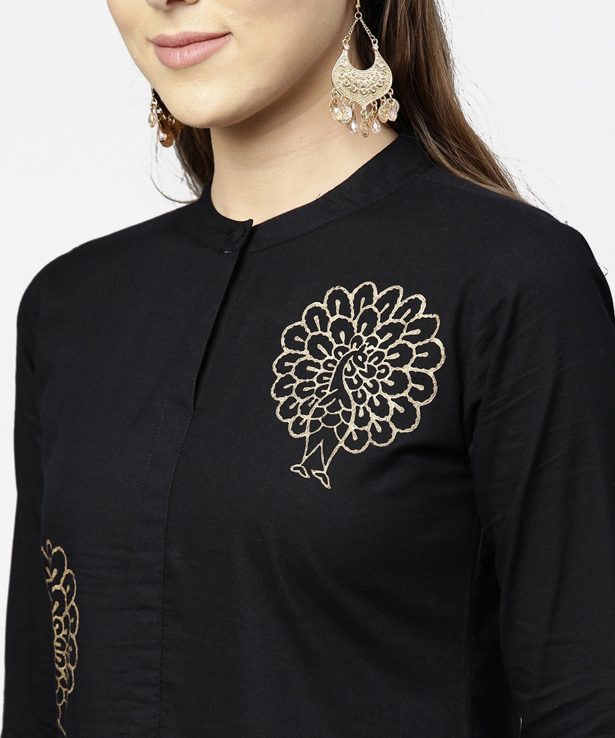 Black Full Sleeve Golden Boota Printed Cotton Maxi Dress | LASVINI - Redefining Indian Fashion with Elegance