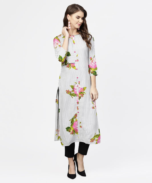 Blue Stripes & Flower Printed Front Open 3/4Th Sleeve Cotton Kurta | LASVINI - Redefining Indian Fashion with Elegance