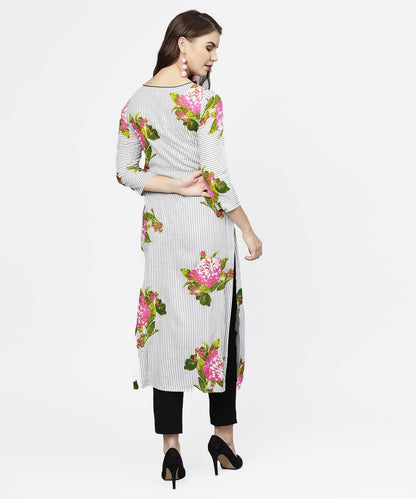 Blue Stripes & Flower Printed Front Open 3/4Th Sleeve Cotton Kurta | LASVINI - Redefining Indian Fashion with Elegance