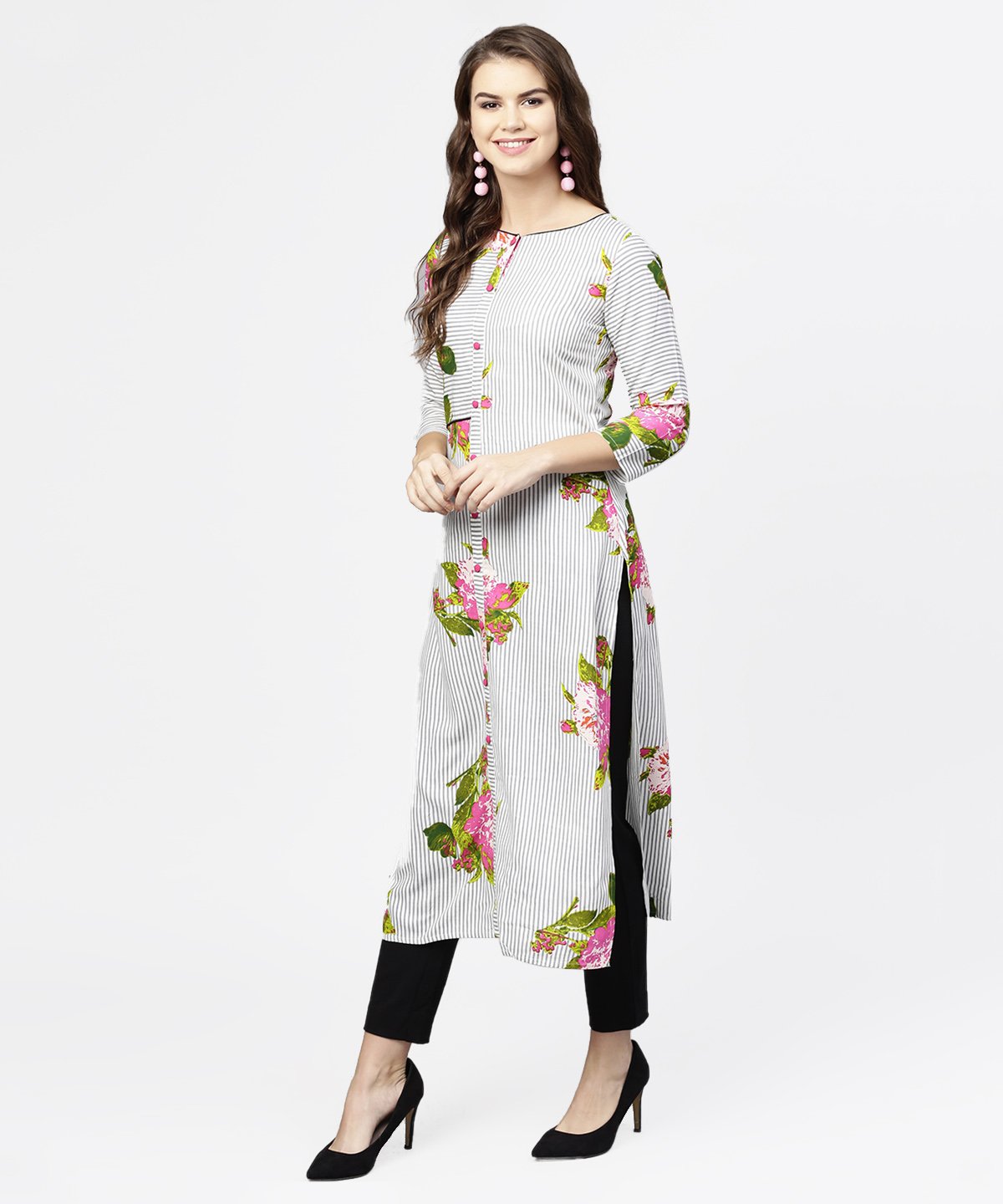 Blue Stripes & Flower Printed Front Open 3/4Th Sleeve Cotton Kurta | LASVINI - Redefining Indian Fashion with Elegance