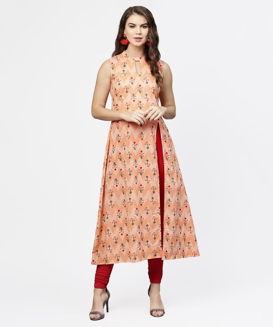 Peach Printed Sleeveless Cotton Front Slit Kurta | LASVINI - Redefining Indian Fashion with Elegance
