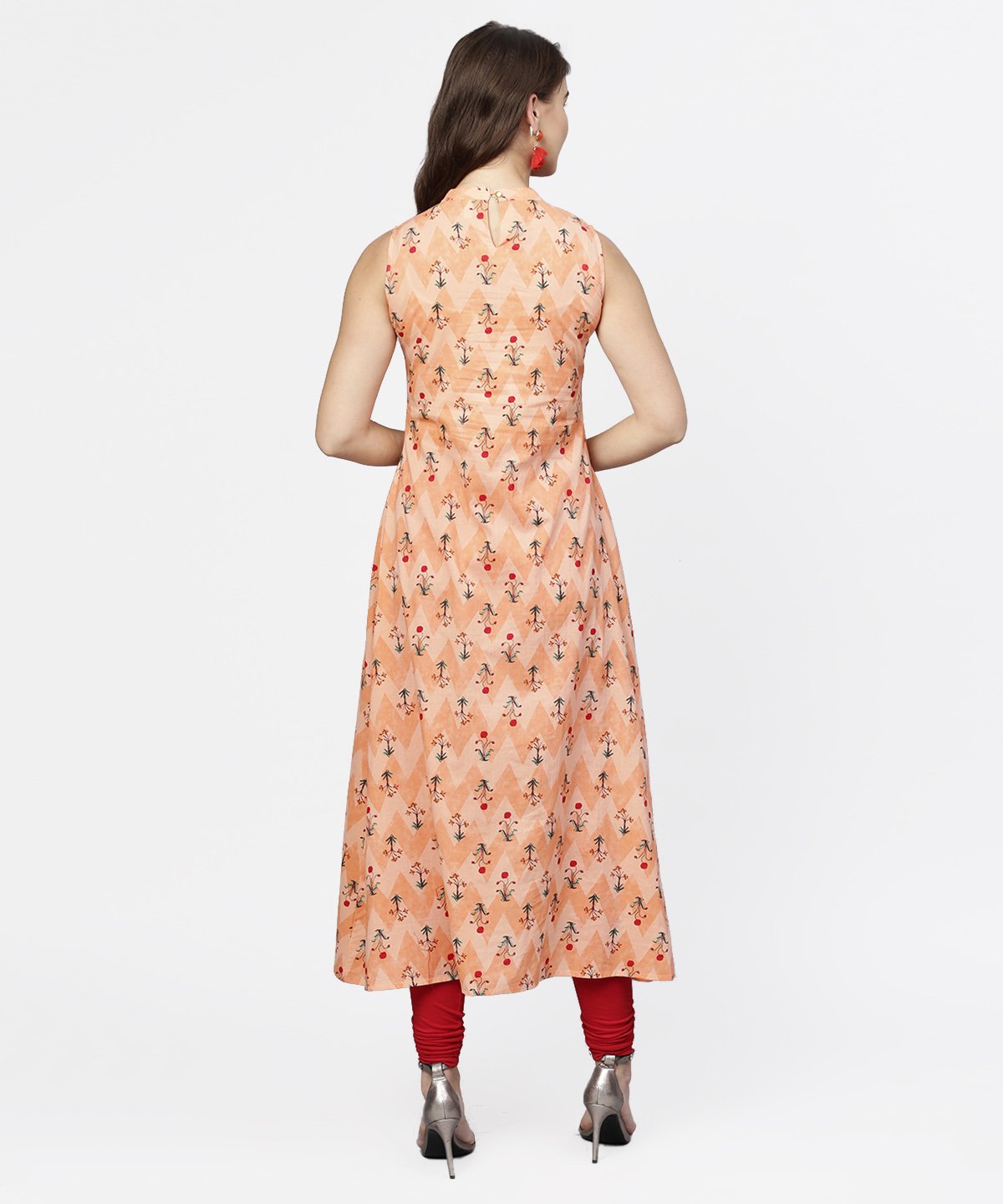 Peach Printed Sleeveless Cotton Front Slit Kurta | LASVINI - Redefining Indian Fashion with Elegance