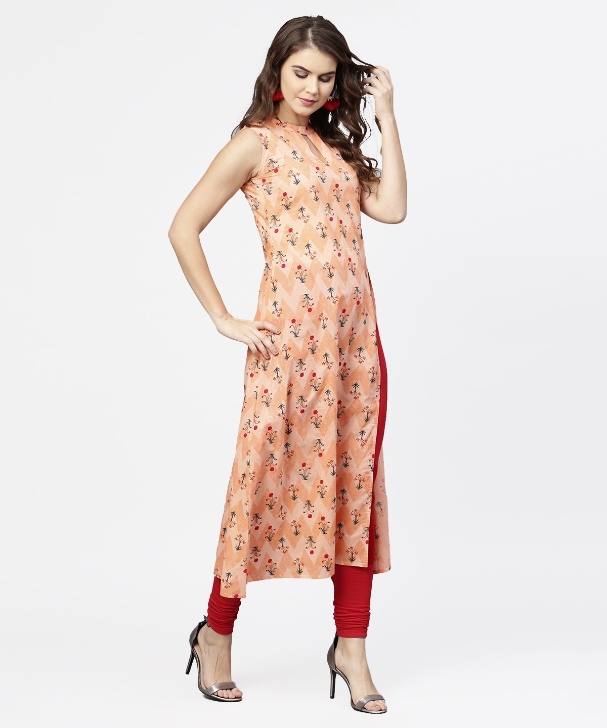Peach Printed Sleeveless Cotton Front Slit Kurta | LASVINI - Redefining Indian Fashion with Elegance
