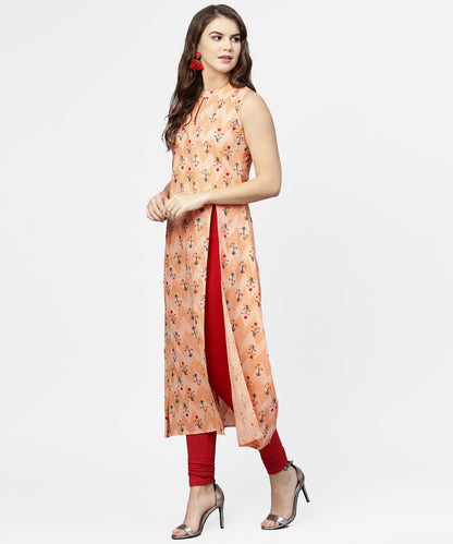 Peach Printed Sleeveless Cotton Front Slit Kurta | LASVINI - Redefining Indian Fashion with Elegance