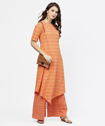 Yellow & Peach Printed Half Sleeve Cotton Assymetric Kurta With Ankle Length Palazzo | LASVINI - Redefining Indian Fashion with Elegance