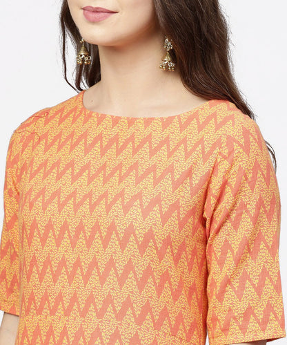 Yellow & Peach Printed Half Sleeve Cotton Assymetric Kurta With Ankle Length Palazzo | LASVINI - Redefining Indian Fashion with Elegance