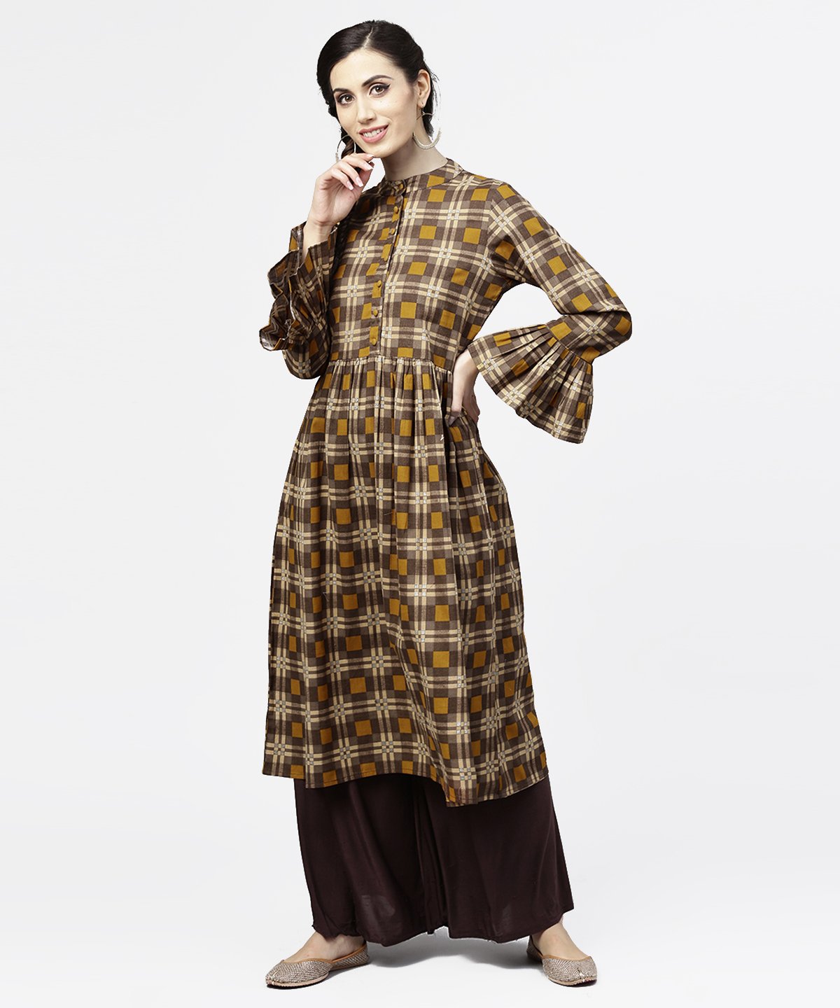 Coffee Brown & Yellow Full Sleeve Cotton Anarkali Kurta | LASVINI - Redefining Indian Fashion with Elegance