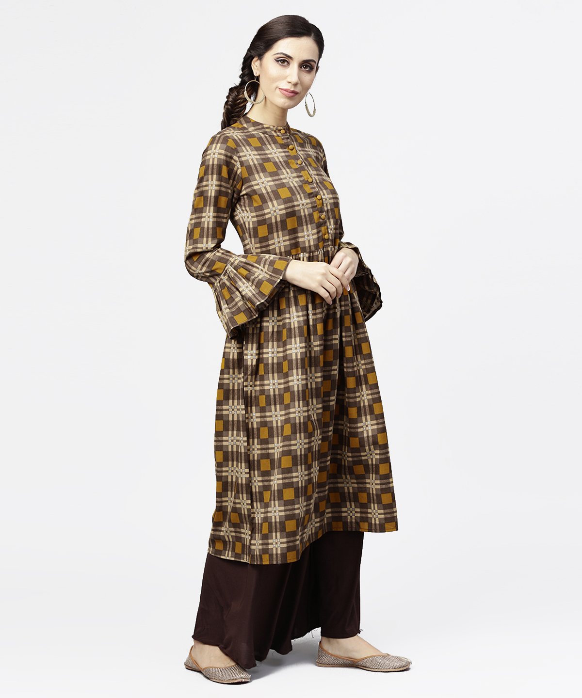 Coffee Brown & Yellow Full Sleeve Cotton Anarkali Kurta | LASVINI - Redefining Indian Fashion with Elegance