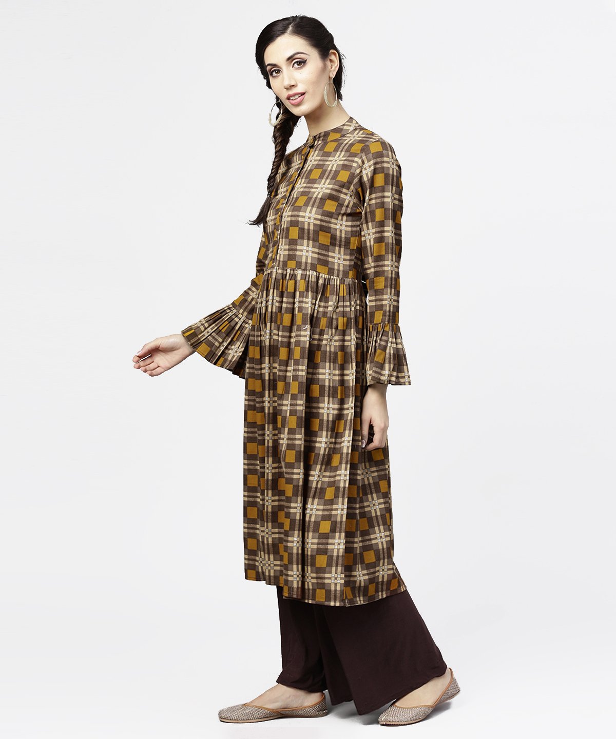 Coffee Brown & Yellow Full Sleeve Cotton Anarkali Kurta | LASVINI - Redefining Indian Fashion with Elegance