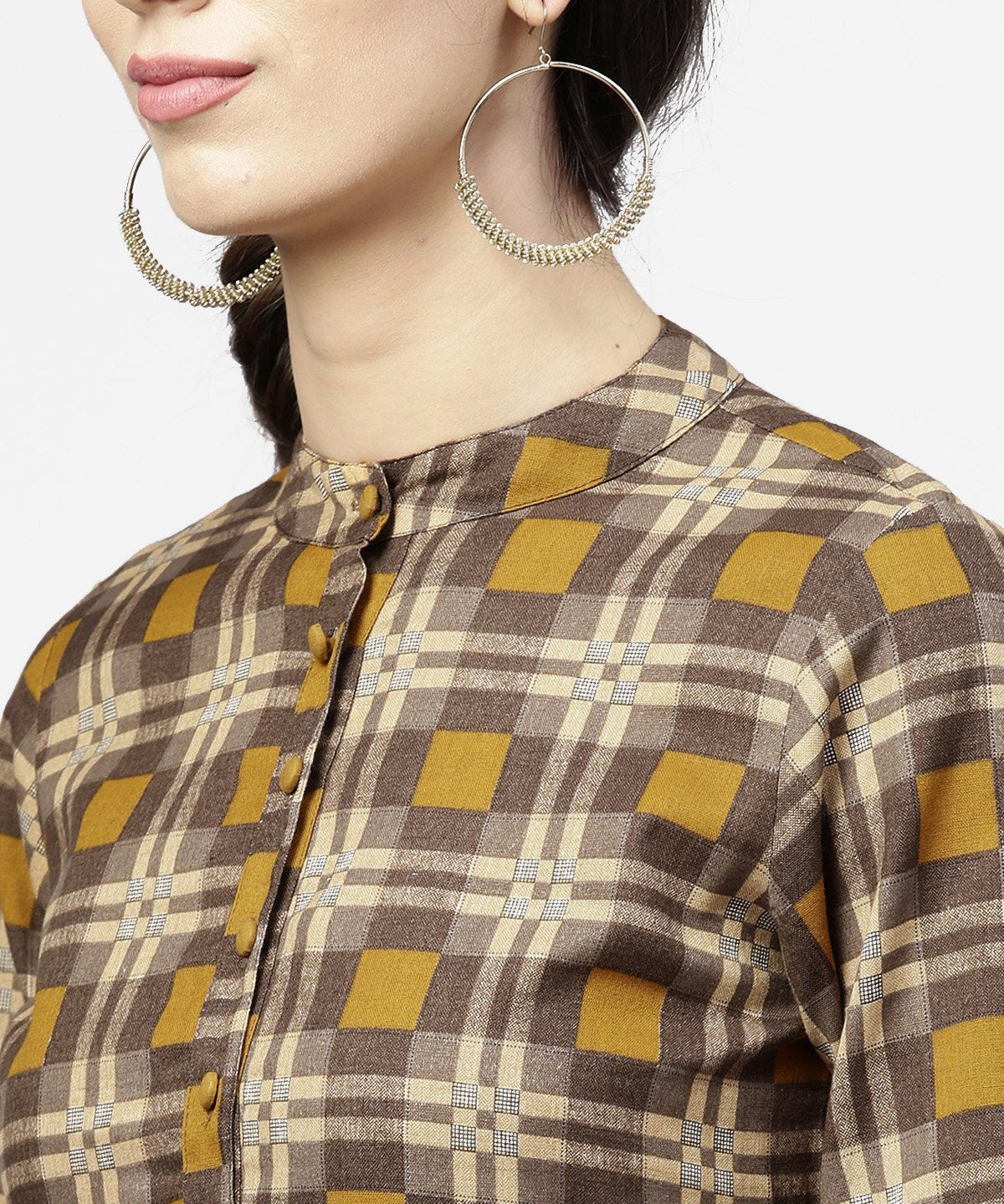 Coffee Brown & Yellow Full Sleeve Cotton Anarkali Kurta | LASVINI - Redefining Indian Fashion with Elegance