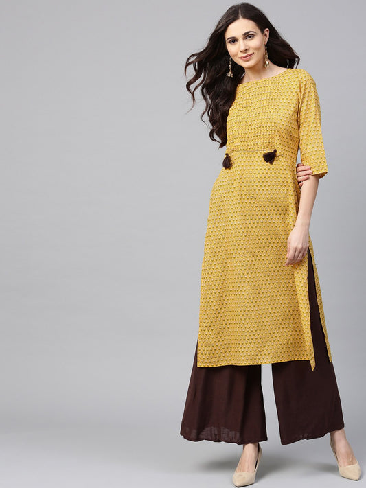Yellow Printed Half Sleeve Cotton Straight Kurta | LASVINI - Redefining Indian Fashion with Elegance
