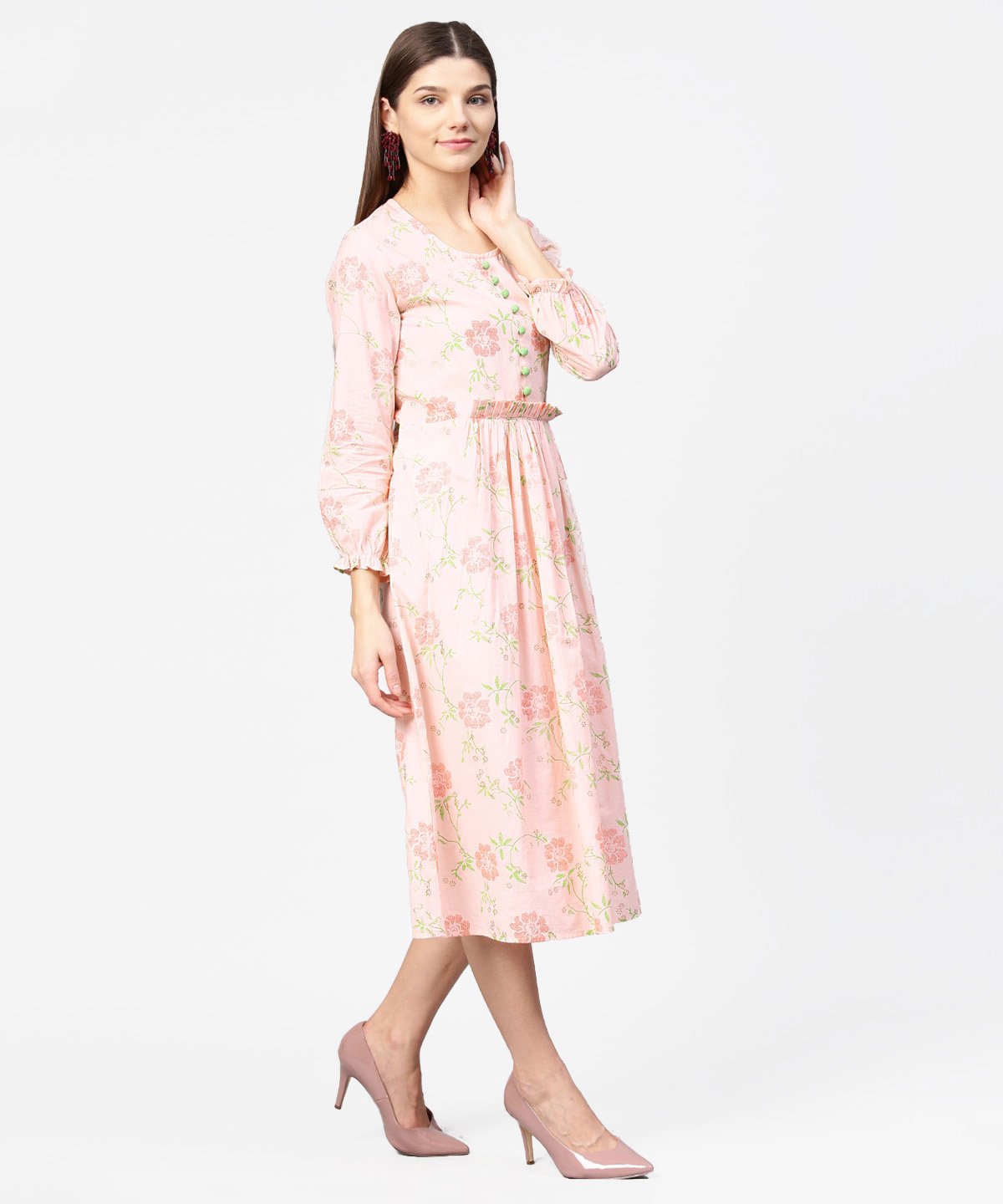 Peach Printed 3/4Th Sleeve Cotton A-Line Dress | LASVINI - Redefining Indian Fashion with Elegance