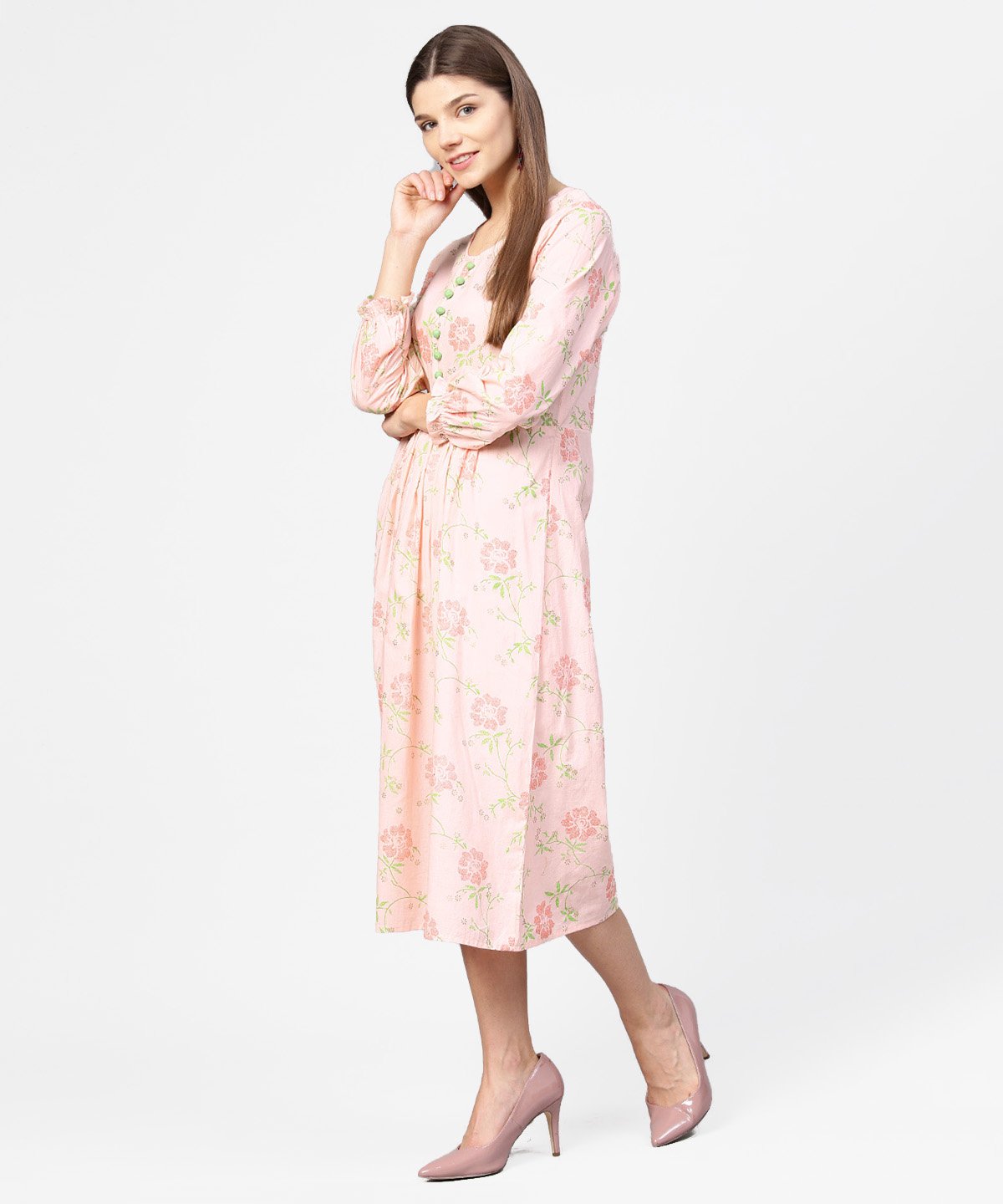 Peach Printed 3/4Th Sleeve Cotton A-Line Dress | LASVINI - Redefining Indian Fashion with Elegance