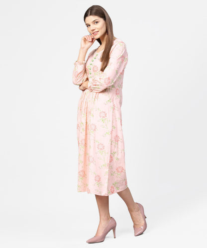 Peach Printed 3/4Th Sleeve Cotton A-Line Dress | LASVINI - Redefining Indian Fashion with Elegance