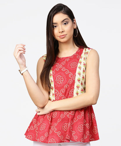 Red Printed Sleeveless Cotton Pleated Top | LASVINI - Redefining Indian Fashion with Elegance