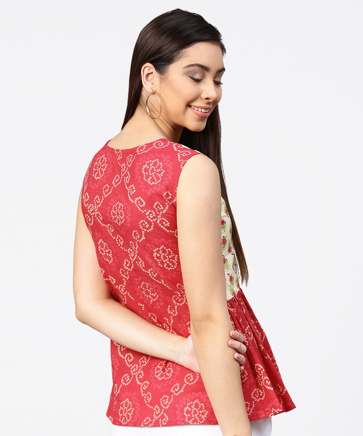 Red Printed Sleeveless Cotton Pleated Top | LASVINI - Redefining Indian Fashion with Elegance