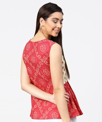 Red Printed Sleeveless Cotton Pleated Top | LASVINI - Redefining Indian Fashion with Elegance