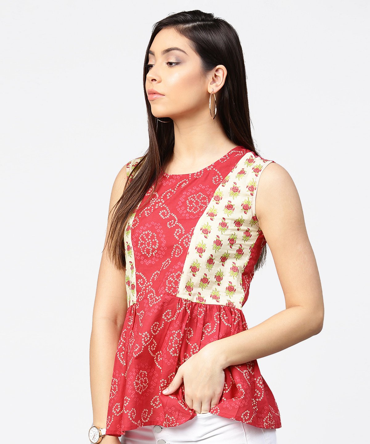 Red Printed Sleeveless Cotton Pleated Top | LASVINI - Redefining Indian Fashion with Elegance