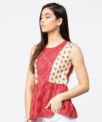 Red Printed Sleeveless Cotton Pleated Top | LASVINI - Redefining Indian Fashion with Elegance