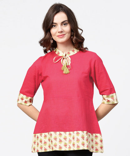 Pink Half Sleeve Key Hole Neck Cotton Tops With Printed Border | LASVINI - Redefining Indian Fashion with Elegance