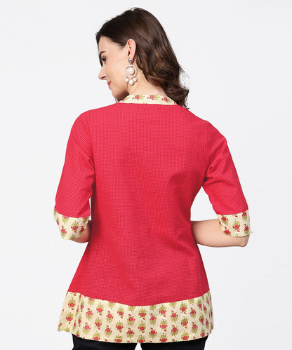 Pink Half Sleeve Key Hole Neck Cotton Tops With Printed Border | LASVINI - Redefining Indian Fashion with Elegance