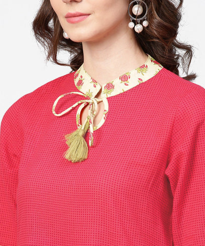 Pink Half Sleeve Key Hole Neck Cotton Tops With Printed Border | LASVINI - Redefining Indian Fashion with Elegance