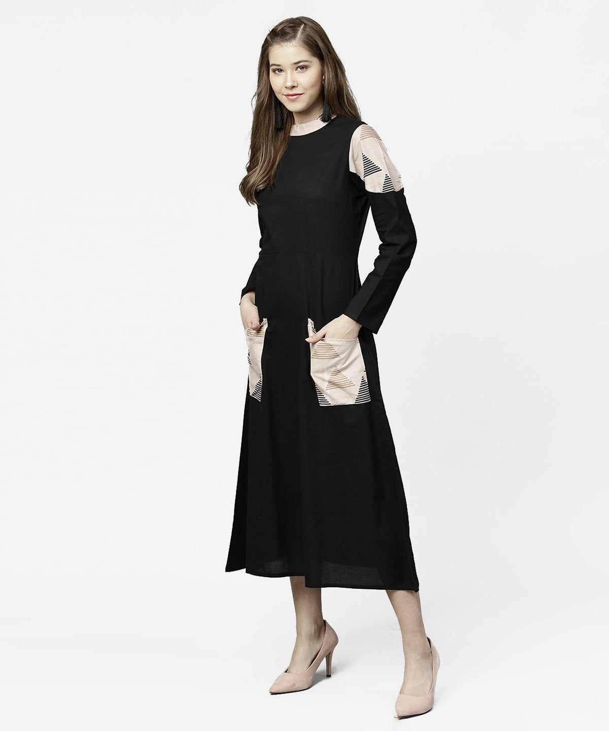 Black 3/4Th Sleeve Cotton Maxi Dress With Double Pocket | LASVINI - Redefining Indian Fashion with Elegance