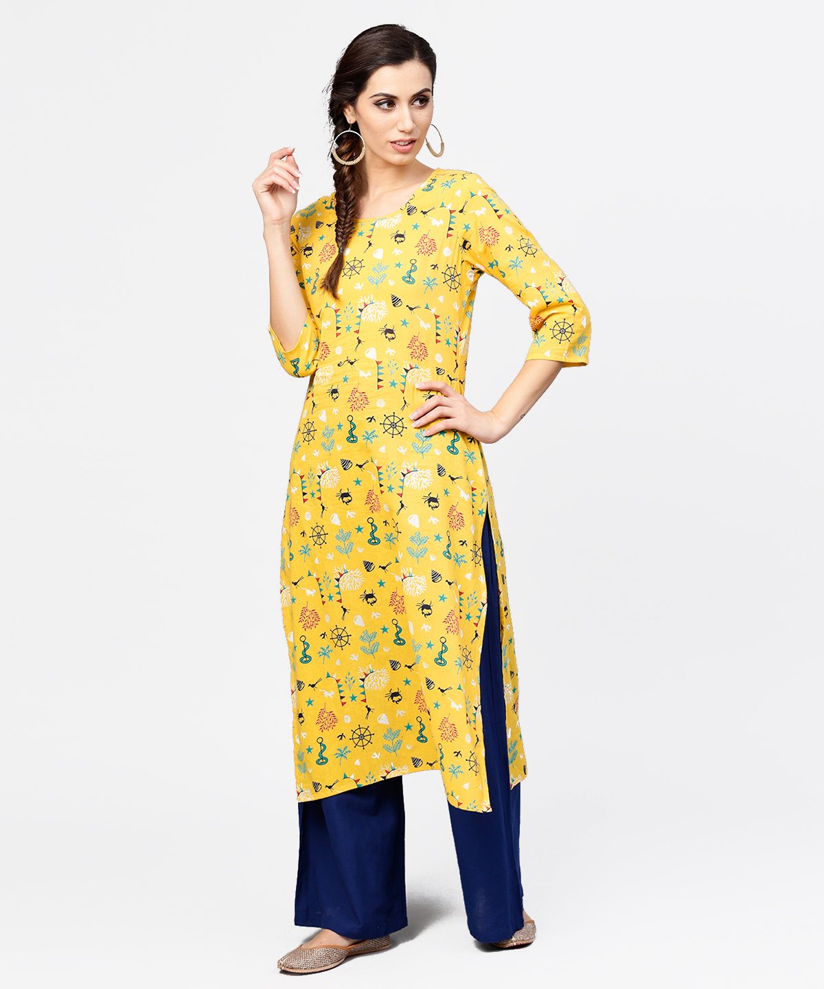 Yellow 3/4Th Sleeve Cotton Straight Kurta | LASVINI - Redefining Indian Fashion with Elegance
